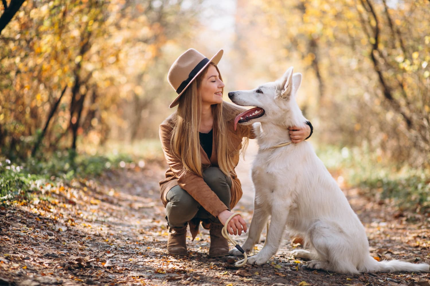 Woman with dog in autumn park